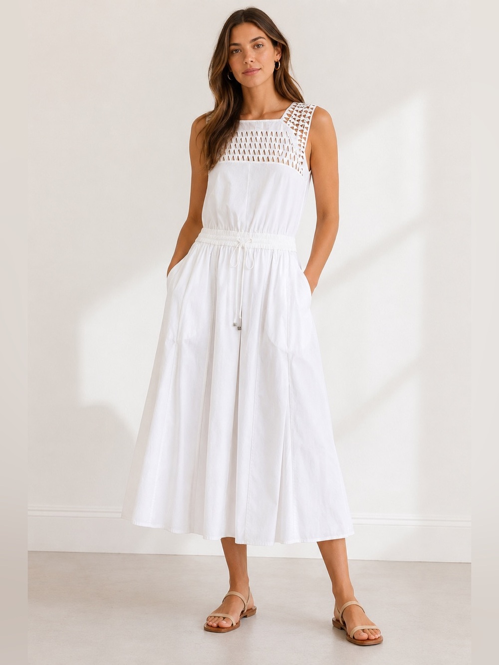 A.L.C. White Smocked Bodice Cotton Midi Dress
